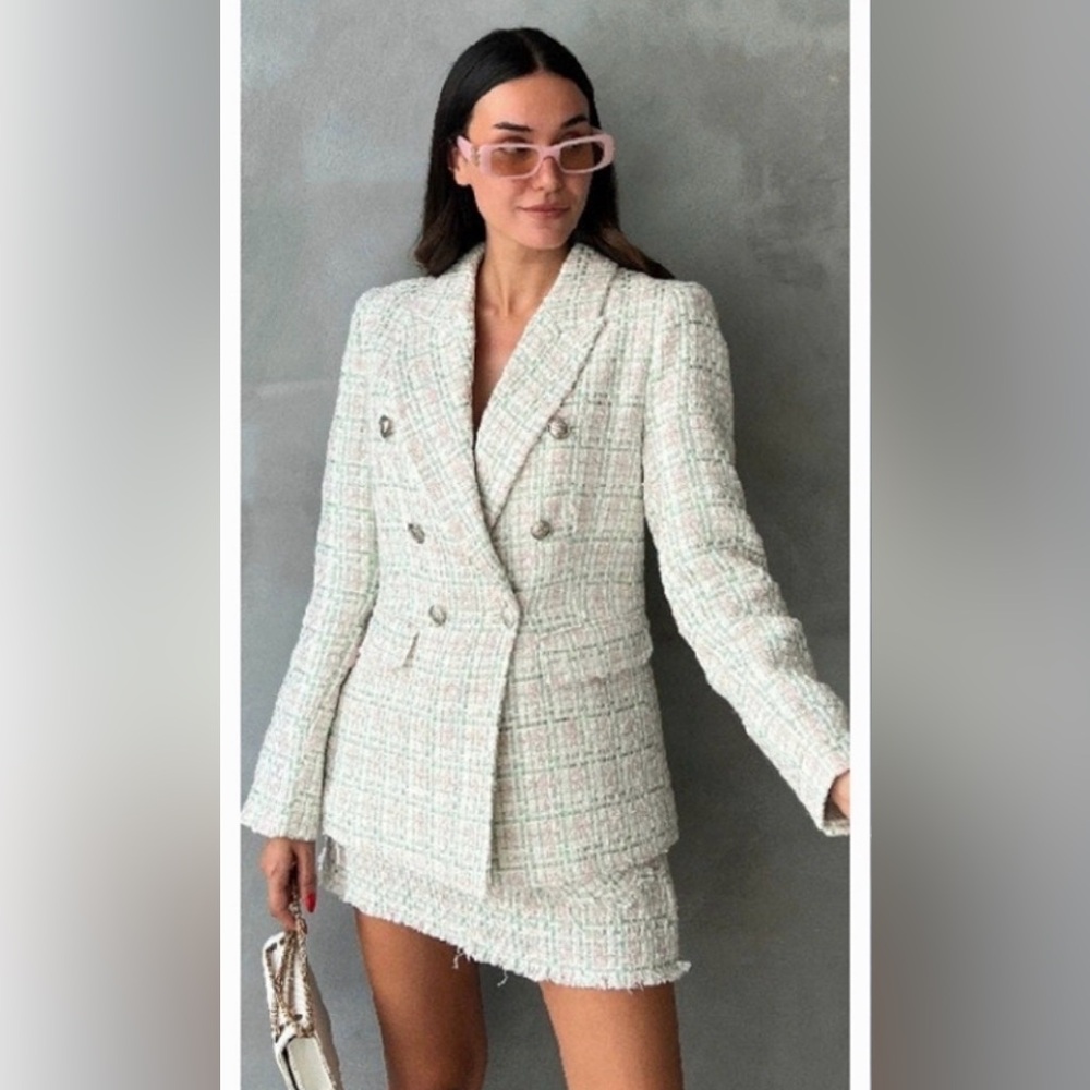 Zara Blazer Tweed Double Breasted Light Blue Blogger Fave Womens Size Medium - Picture 3 of 15